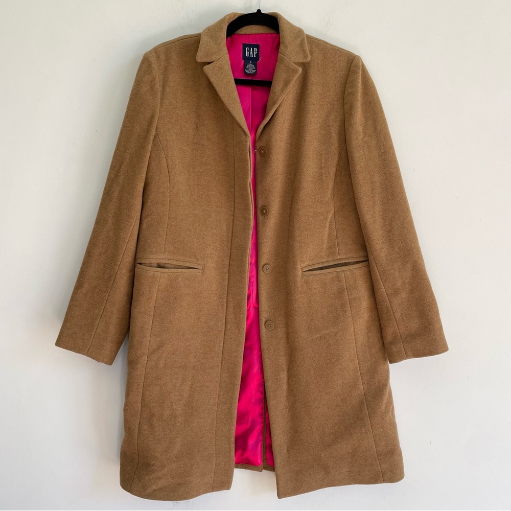 GAP Wool Cashmere Pea Coat Camel Tan Button Down Pink Interior Long Jacket Small